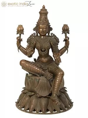 48" Superfine Goddess Lakshmi Idol Seated on Lotus | Bronze Sculpture