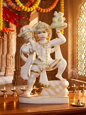 15" Lord Hanuman Carrying Mace And Mountain | White Makrana Marble