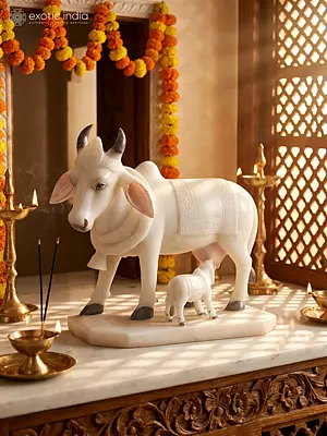 13" Statue Of The Holy Cow And Calf | White Marble Figurine