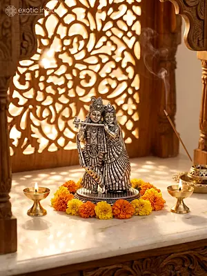 5" Small Superfine Standing Radha Krishna Playing Flute Together | Silver Plated Brass Statue