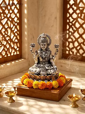 Blessing Goddess Lakshmi Seated on Lotus | Small Silver Plated Brass Statue