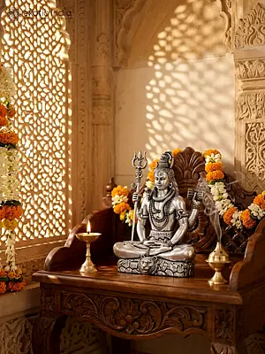 Small Superfine Sitting Four-Armed Lord Shiva Silver Plated Brass Statue (Multiple Sizes)