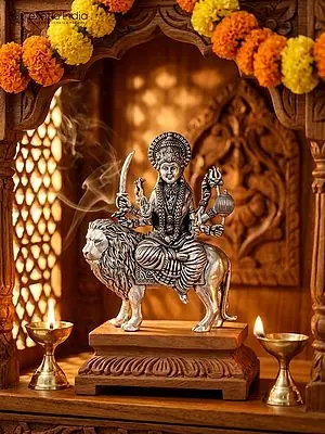 Small Ashtabhujadharini Goddess Durga (Sherawali Maa) | Silver Plated Brass Statue