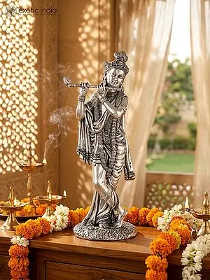 7" Superfine Silver-Plated Lord Krishna Idol Playing Flute | Brass Statue (Different Sizes)