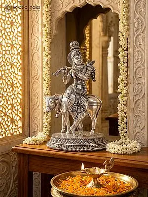 Superfine Murli Manohar Krishna with Cow | Silver Plated Brass Statue