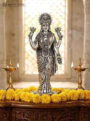 Superfine Standing Goddess Lakshmi Idol in Blessing Gesture | Silver Plated Brass Statue