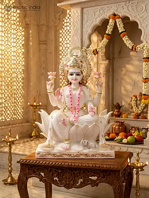 18" Goddess Lakshmi Seated On Lotus | super white makrana marble