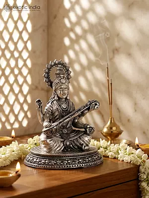 4" Small Superfine Devi Saraswati | Silver Plated Brass Statue