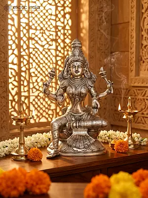 8" Four Armed Blessing Goddess Lakshmi | Silver Plated Brass Statue