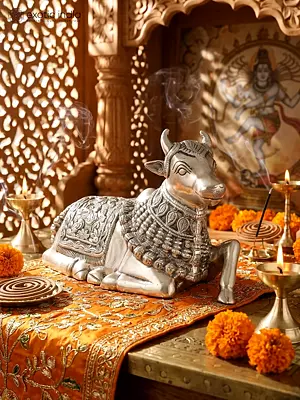 10" Nandi - Vahana of Lord Shiva | Silver Plated Brass Statue