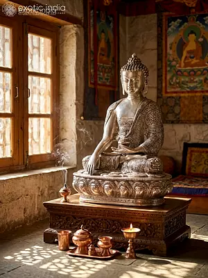 12" Bhumisparsha Buddha | Silver Plated Brass Statue