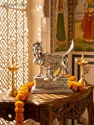 7" Goddess Kamadhenu, The Wish-Fulfilling Divine Cow | Silver Plated Brass Statue