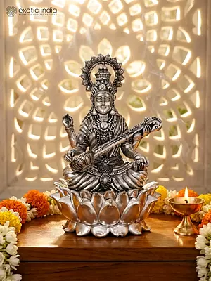 6" Small Superfine Devi Saraswati Seated on Lotus | Silver Plated Brass Statue