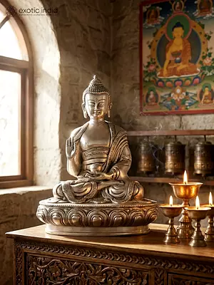 8" Lord Buddha in Vitark Mudra | Silver Plated Brass Statue
