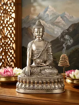 8" Lord Buddha Seated in Earth-Touching Gesture | Silver Plated Brass Statue