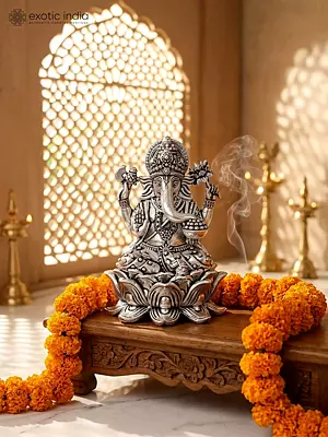 Small Superfine Blessing Lord Ganesha Seated on Lotus | Silver Plated Brass Statue | Multiple Sizes
