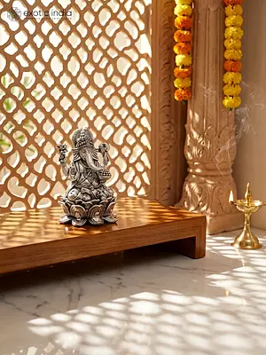 3" Small Superfine Chaturbhuja Lord Ganesha Seated on Lotus | Silver Plated Brass Statue