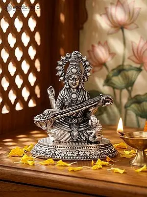 2" Small Superfine Devi Saraswati Playing Veena | Silver Plated Brass Statue
