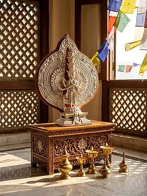 11" Brass And Silver Plated Standing Lokeshvara With Many Hands And Faces | Statue From Nepal