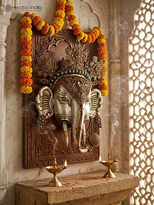 17" Wall Hanging Tibetan Ganesha Head For Home In Copper Gold And Silver Plated