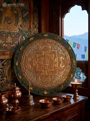 15" Copper Gold And Silver Plated Buddhist Round Mandala With Beautiful Carving