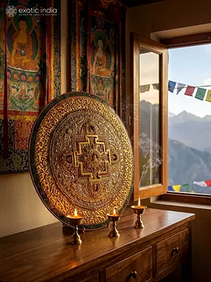 12" Mandala Of Lord Buddha With Ashtamangala Symbols In Copper Gold And Silver Plated