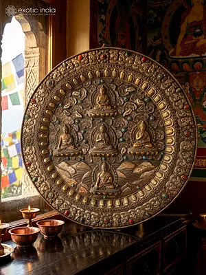 14" Copper Gold And Silver Plated Tibetan Mandala Of Pancha Buddha | Ritual Item