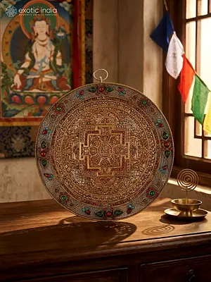 8" Buddhist Mandala With Eight Auspicious Symbol In Copper Gold And Silver Plated