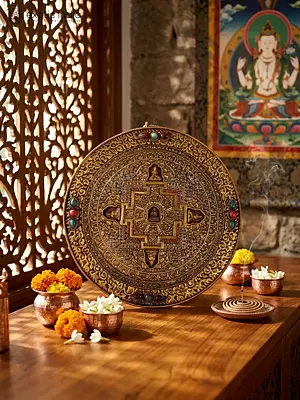 8" Copper Gold And Silver Plated Round Mandala With Pancha Buddha | Ritual Item
