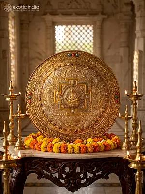 14" Copper Gold And Silver Plated Seated Kubera In The Center Of Mandala | Ritual Item