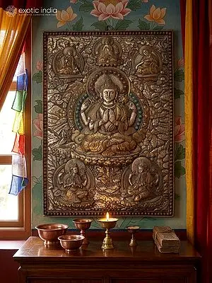 16" Bodhisattva Chenrezig Wall Hanging From Nepal In Copper Gold And Silver Plated