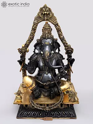 24" Black and Gold Blessing Lord Ganesha with Kirtimukha Prabhavali | Brass Statue