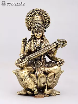 3" Small Superfine Goddess Saraswati Seated on Lotus | Brass Statue