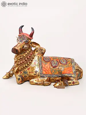 26" Nandi (Bhakt of Lord Shiva) Hand-Painted with Devotional imagery | Brass Sculpture