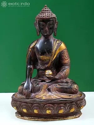 12" Buddha in the Bhumisparsha Mudra with Ashtamangala Carved on His Robe In Brass | Handmade