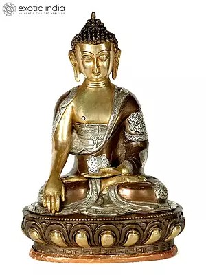 12" Buddha in the Bhumisparsha Mudra with Ashtamangala Carved on His Robe In Brass | Handmade