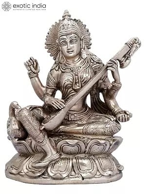 9" Goddess Saraswati Seated on Lotus with Swan In Brass | Handmade | Made In India