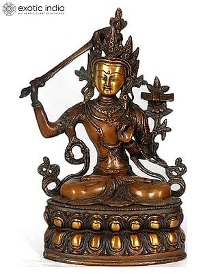 14" Manjushri - Bodhisattva of Transcendent Wisdom | Handmade Tibetan Buddhist Deity Brass Statue