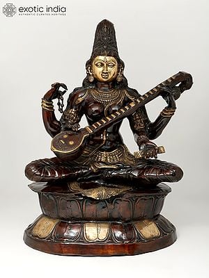 34" Large Kamalasana Saraswati Seated on Lotus | Handcrafted Brass Statue