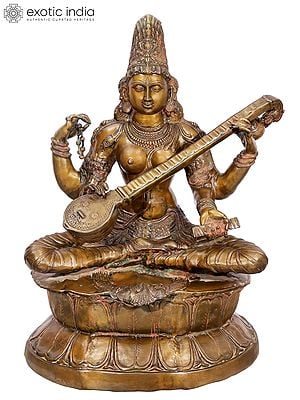 34" Large Size Kamalasana Saraswati Seated on Lotus | Handcrafted Brass Statue