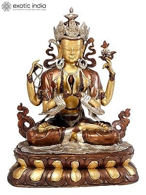 28" Large Size Chenrezig, or the Four-Armed Avalokiteshvara (Tibetan Buddhist Deity) In Brass | Handmade | Made In India