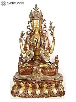 28" Tibetan Buddhist Deity- The Four-Armed Avalokiteshvara (Chenrezig) In Brass | Handmade | Made In India