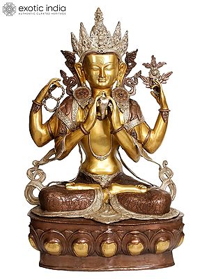 38" Large Size Chenresig The Four-Armed Avalokiteshvara (Tibetan Buddhist Deity) In Brass | Handmade | Made In India