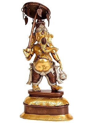 15" Brass Lord Ganesha Statue with Umbrella | Handmade | Made in India