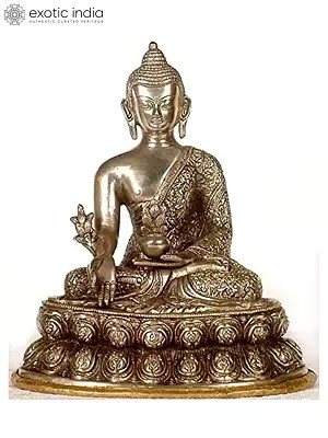 11" Tibetan Buddhist Deity- Medicine Buddha with Wide Lotus Base (Robes Decorated with Scenes from the Life of Buddha) In Brass | Handmade | Made In India