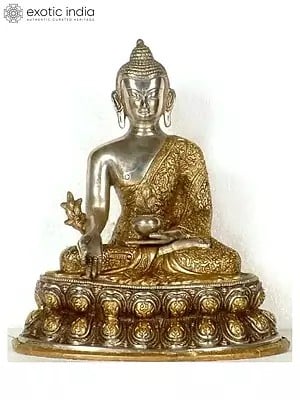 11" Tibetan Buddhist Deity- Medicine Buddha with Wide Lotus Base (Robes Decorated with Scenes from the Life of Buddha) In Brass | Handmade | Made In India