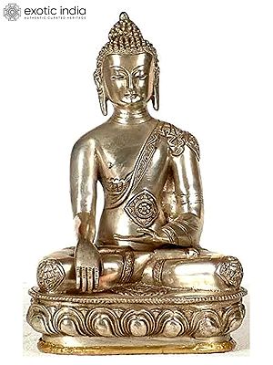 11" Buddha in Bhumisparsha Mudra with Ashtamangala Carved on His Robe In Brass | Handmade | Made In India