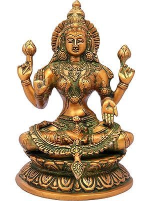 9" Four-Armed Lakshmi Brass Statue in Abhaya-Mudra | Handmade Hindu Goddess Figurine