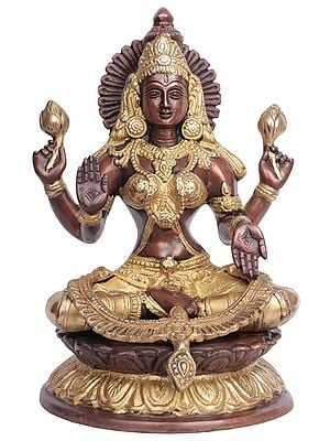 9" Four-Armed Lakshmi Brass Statue in Abhaya-Mudra | Handmade Hindu Goddess Figurine