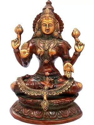 9" Four-Armed Lakshmi Brass Statue in Abhaya-Mudra | Handmade Hindu Goddess Figurine